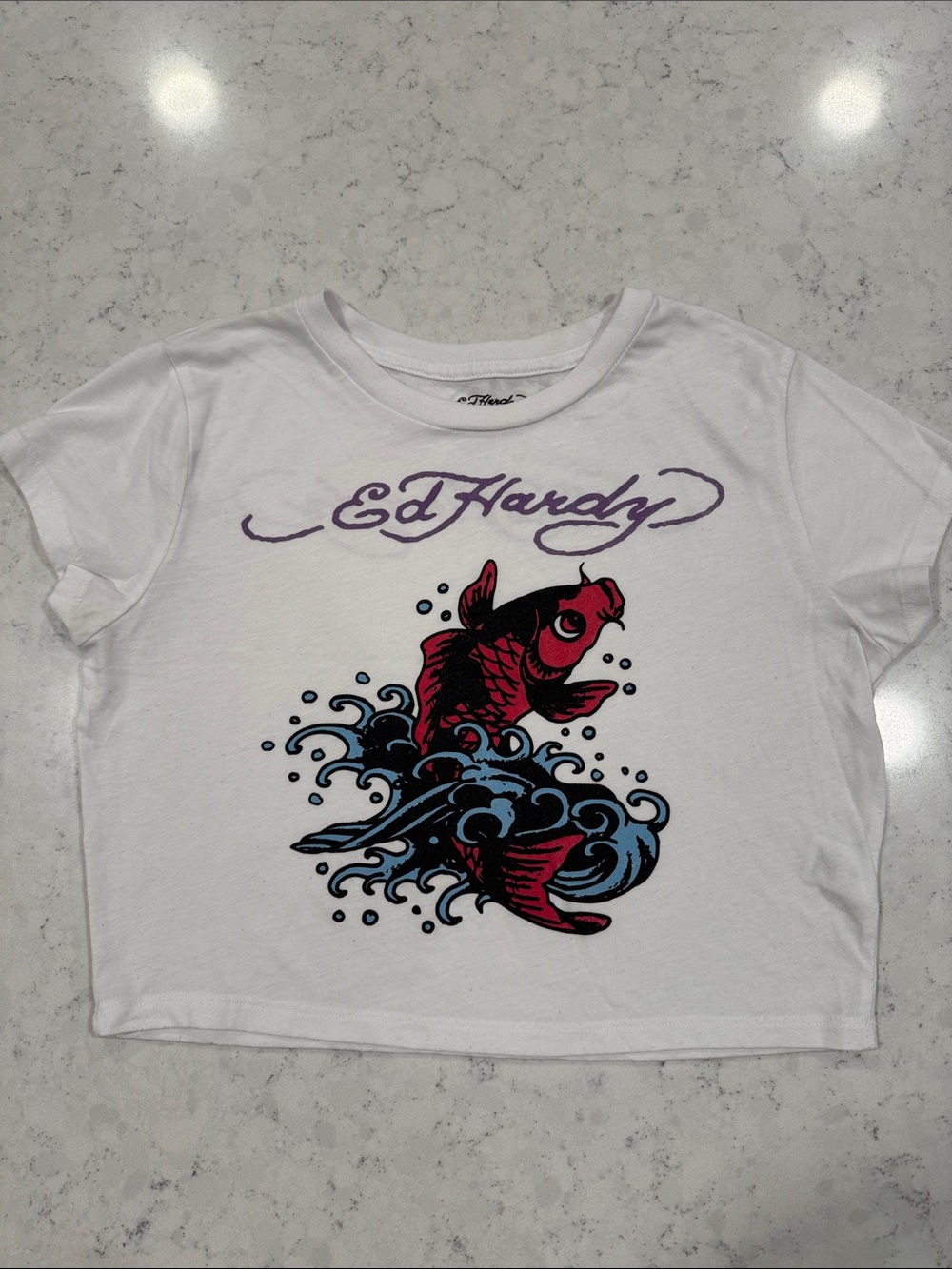 Ed Hardy Size Large White Cropped Tee with Red Koi Fish Graphic & Blue Wave
